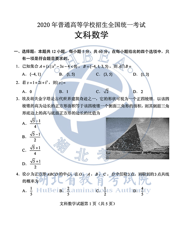 2020年全国I卷（福建高考）文数真题及参考答案