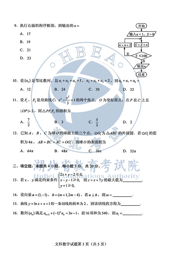 2020年全国I卷（福建高考）文数真题及参考答案