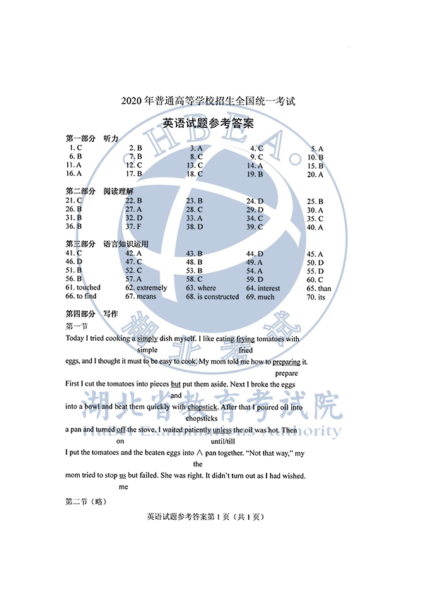 2020年全国I卷（福建高考）英语真题及参考答案