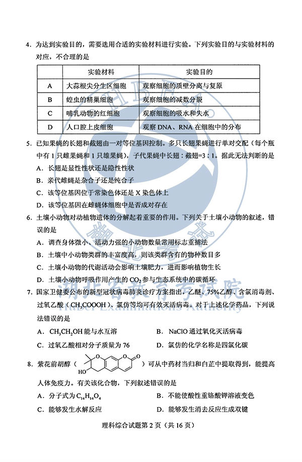 2020年全国I卷(福建高考)理综真题及参考答案