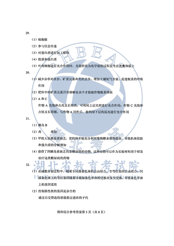 2020年全国I卷(福建高考)理综真题及参考答案