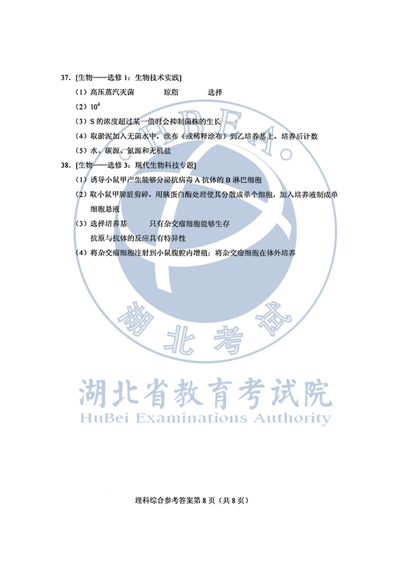 2020年全国I卷(福建高考)理综真题及参考答案