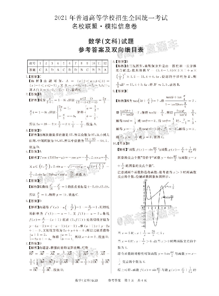 2021河南名校联盟高三上模拟信息卷文数试题及参考答案